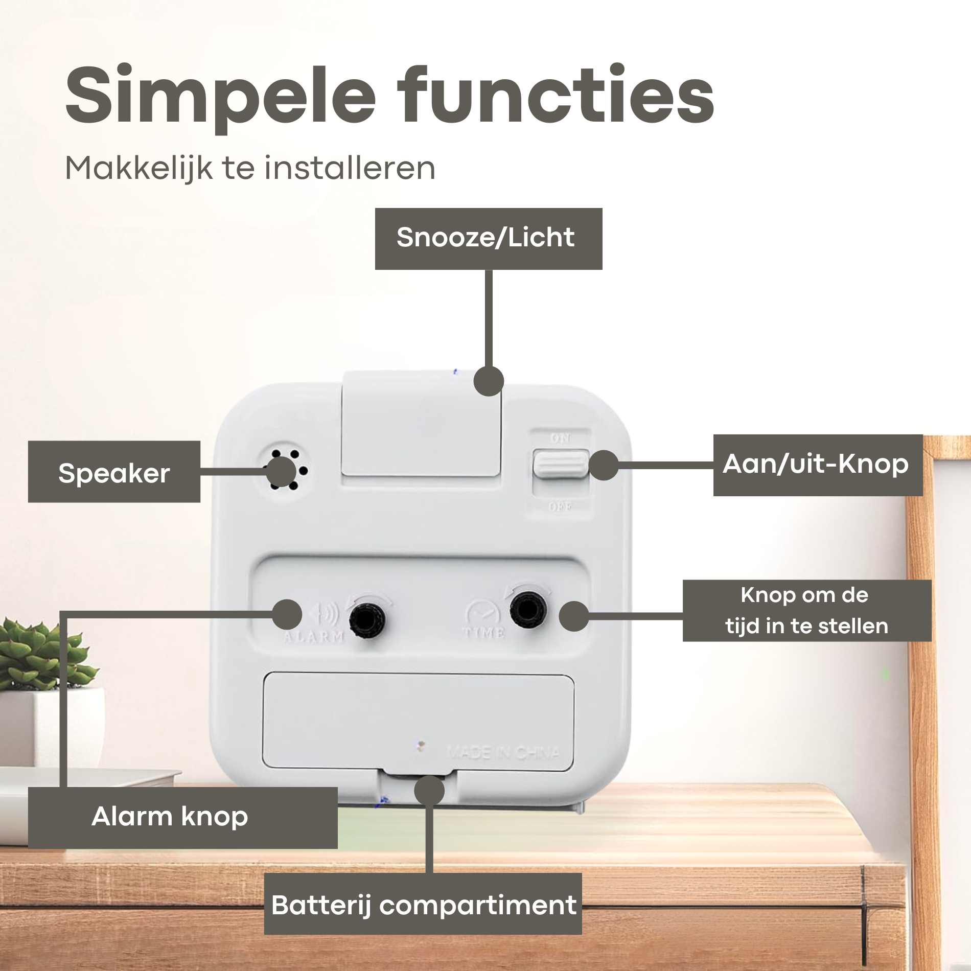 Analogue Alarm Clock Square White