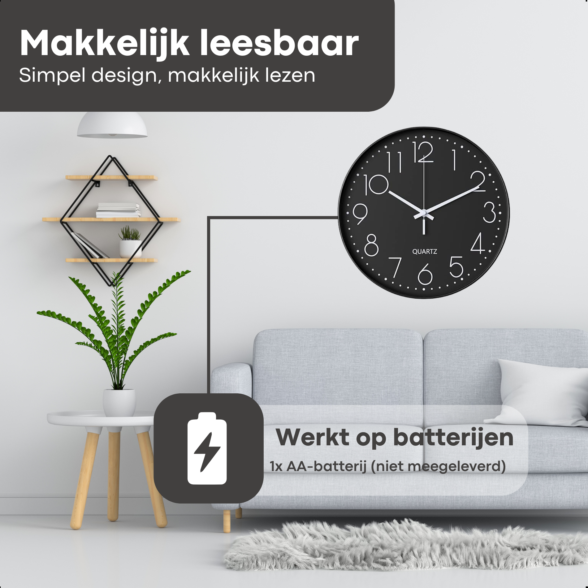 Wandklok 30cm Zwart Wit