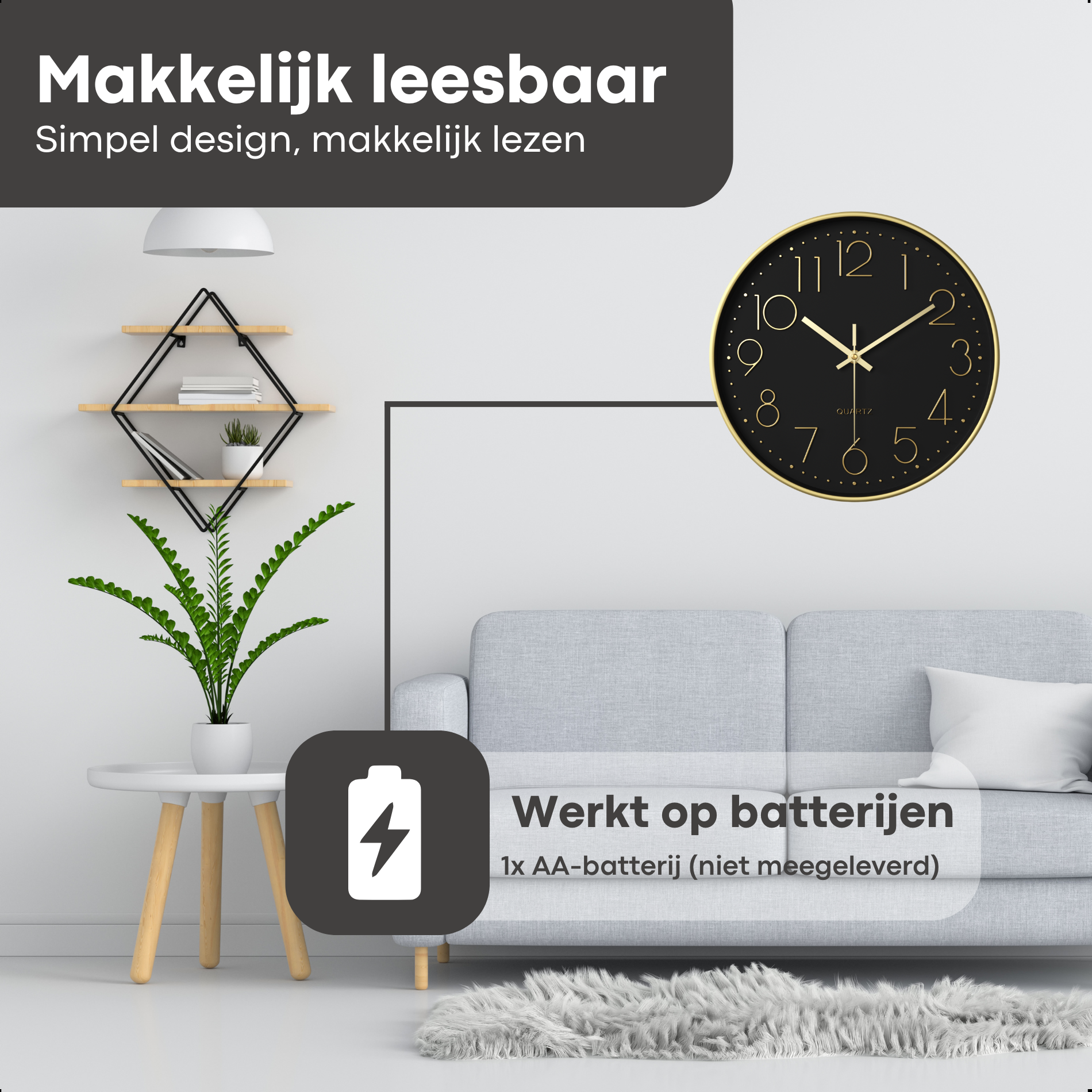 Wandklok 30cm Zwart Goud