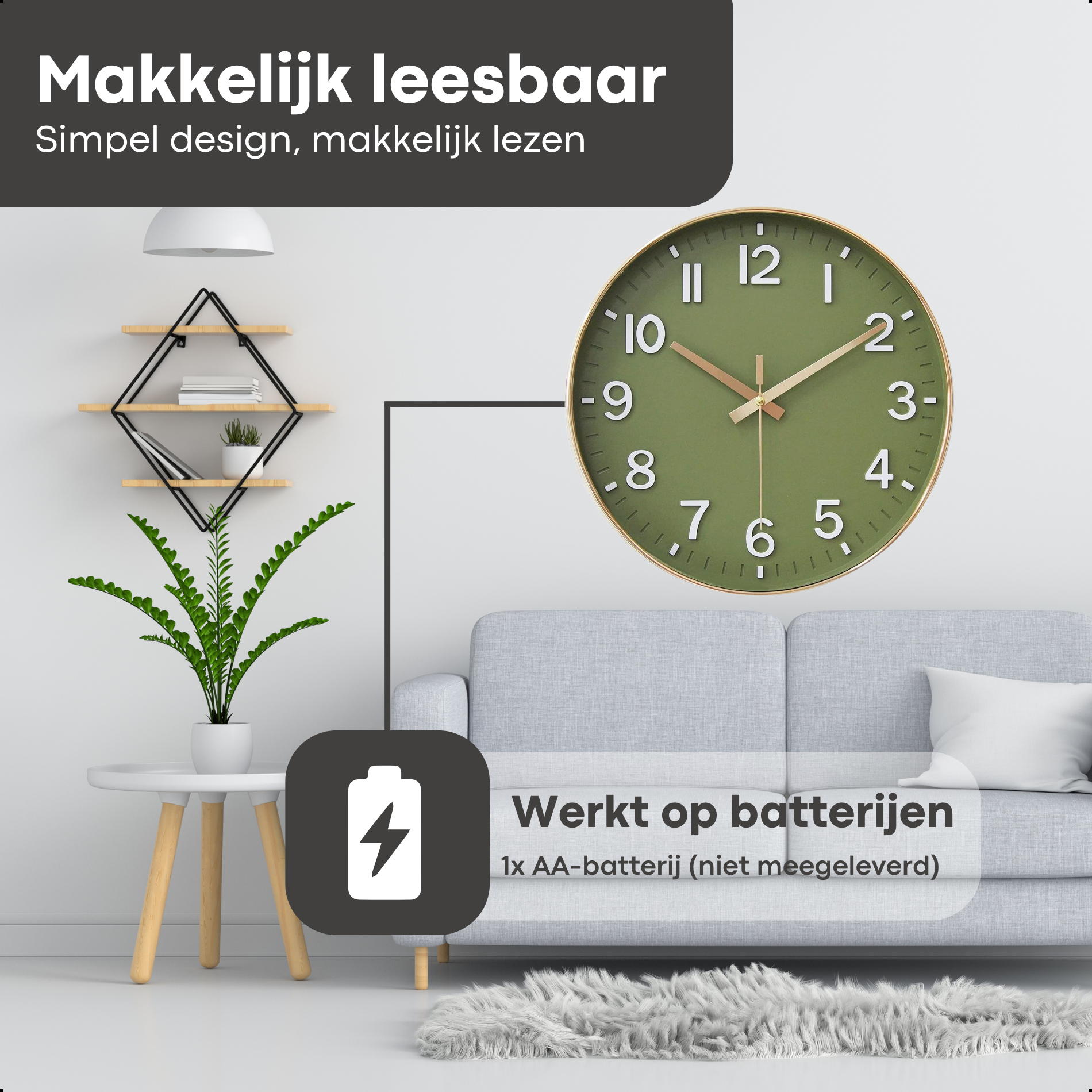 Wandklok 40cm Groen Goud