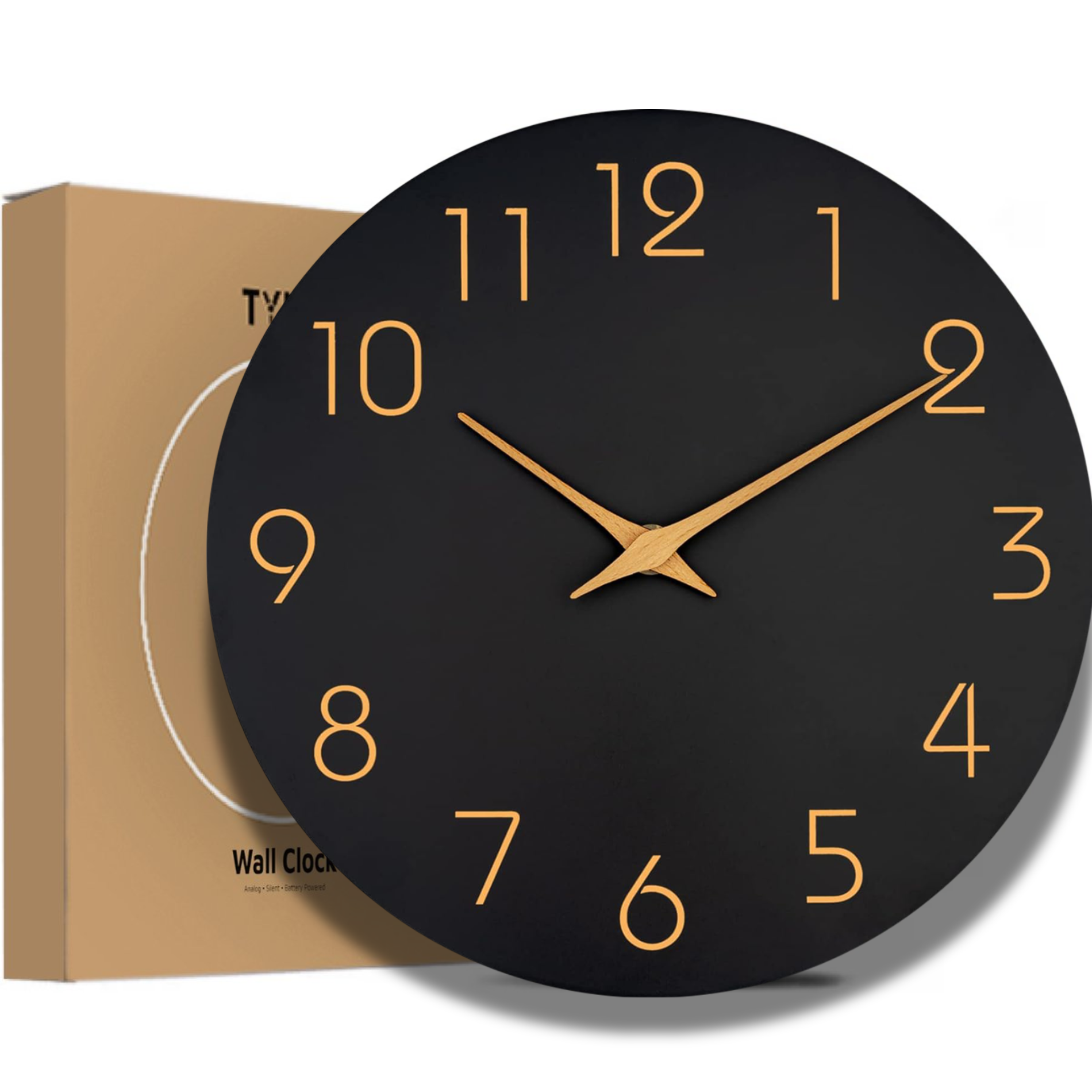 Wandklok 20cm Zwart met houten wijzers